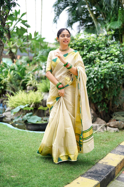 Golden Tissue Saree with Bottle Green Temple Motifs