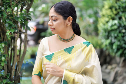 Golden Tissue Saree with Bottle Green Temple Motifs