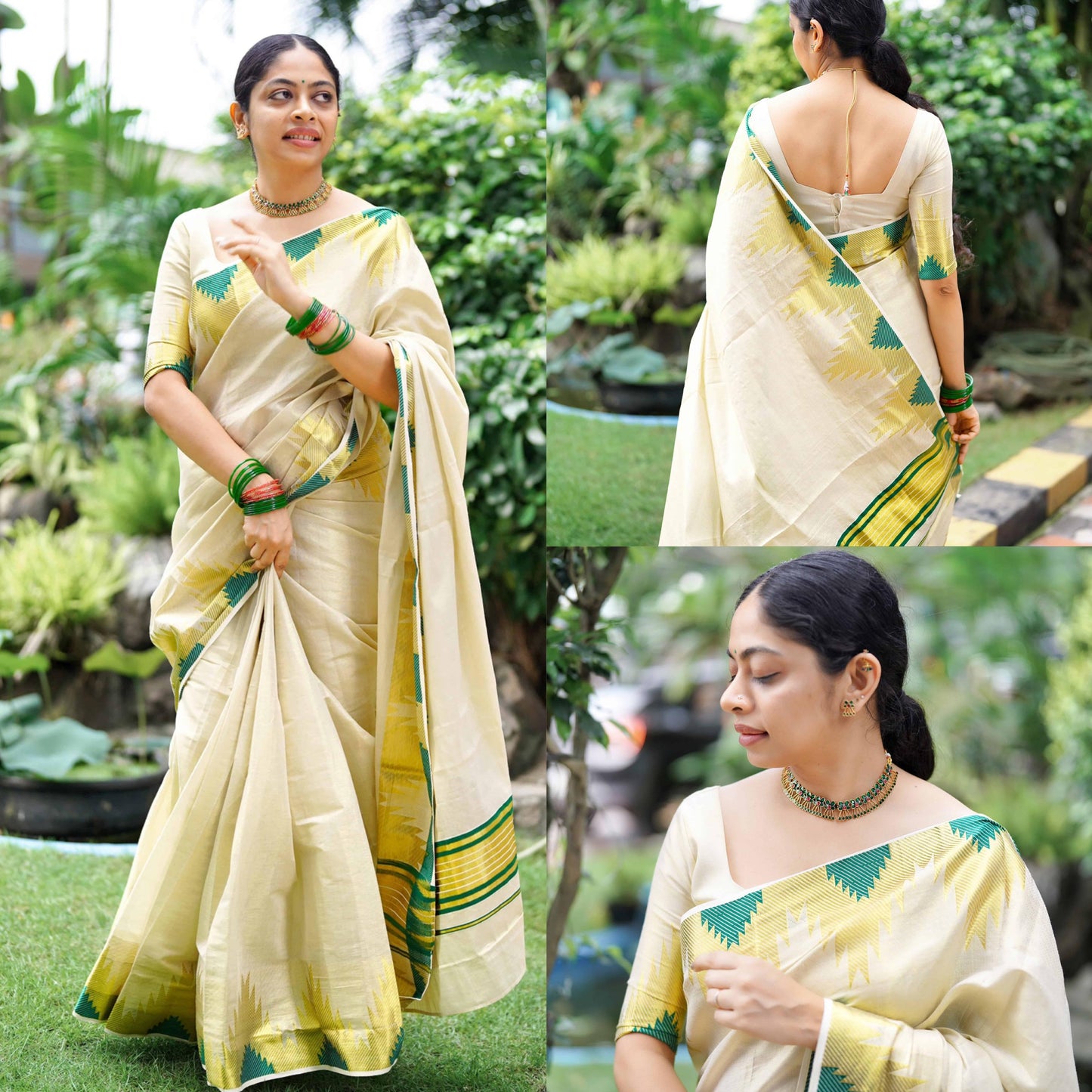 Golden Tissue Saree with Bottle Green Temple Motifs