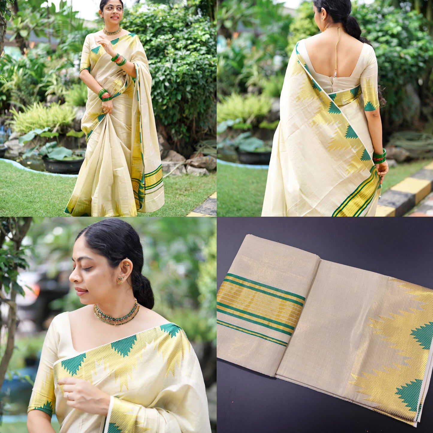 Golden Tissue Saree with Bottle Green Temple Motifs