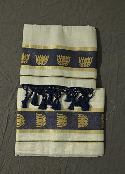 Set Mundu Navi Blue Lotus Golden with Treaded Pallu 3.5 Inch Kasavu