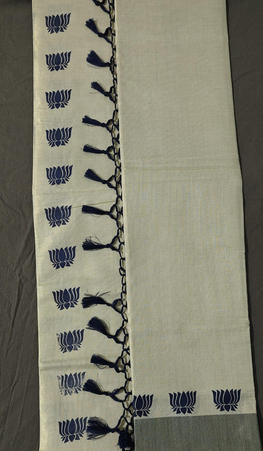 Set Mundu Navi Blue Lotus Golden with Treaded Pallu 3.5 Inch Kasavu