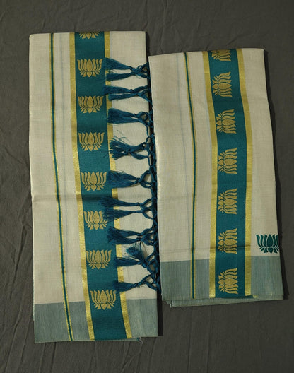 Set Mundu Green Lotus Golden Pallu with Threded pallu 3.5 Inch Kasav u