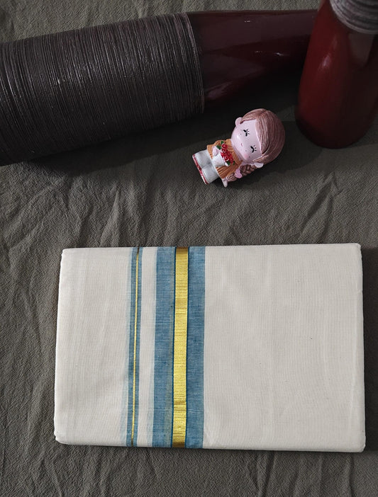 Blue Double Stripe Kerala Dhothi with Golden Border – 4 Meter