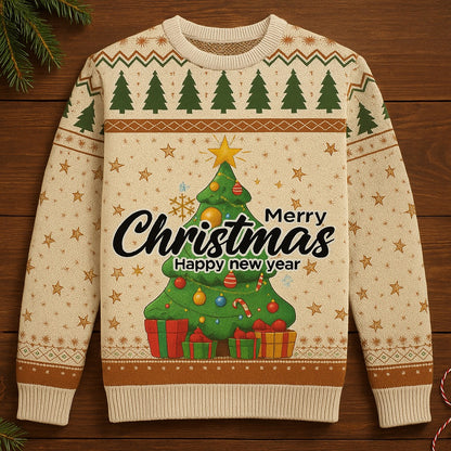 Christmas-themed sweater with festive design on a wooden background