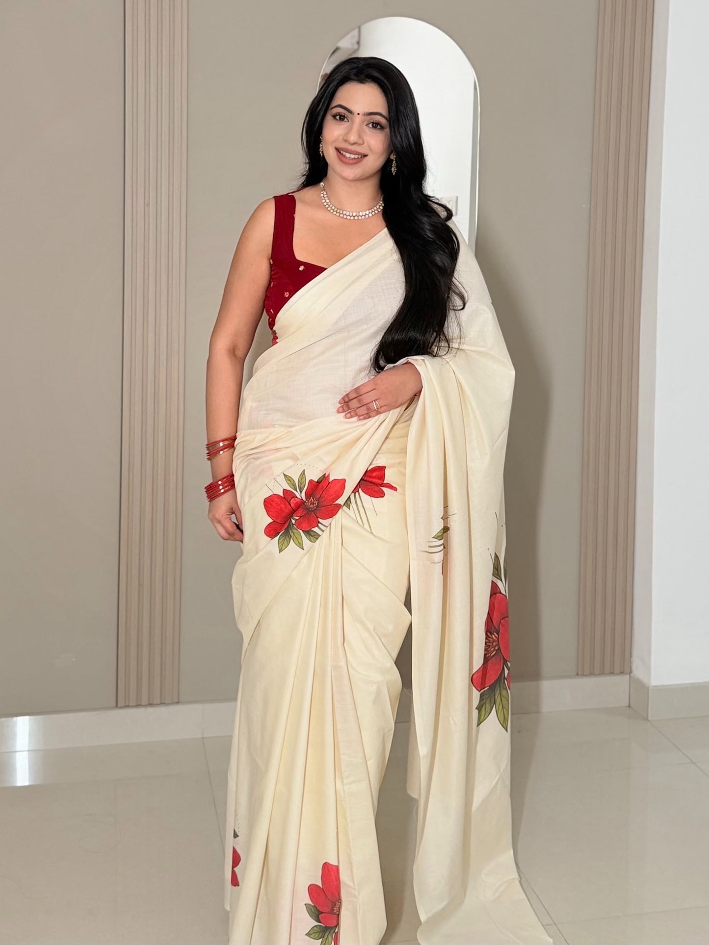 LIORAA LONDON - Red Blossom | Premium Pure Cotton Digital Print Saree in Off-White & Red | Onam Special