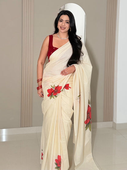 LIORAA LONDON - Red Blossom | Premium Pure Cotton Digital Print Saree in Off-White & Red | Onam Special