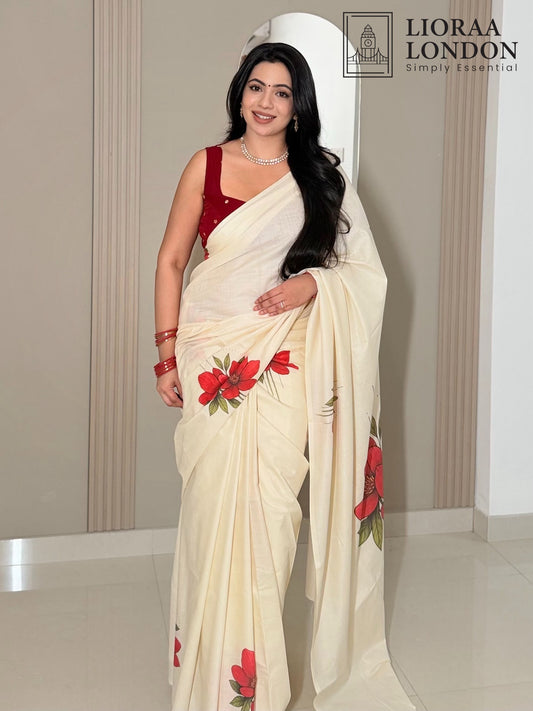 LIORAA LONDON - Red Blossom | Premium Pure Cotton Digital Print Saree in Off-White & Red | Onam Special