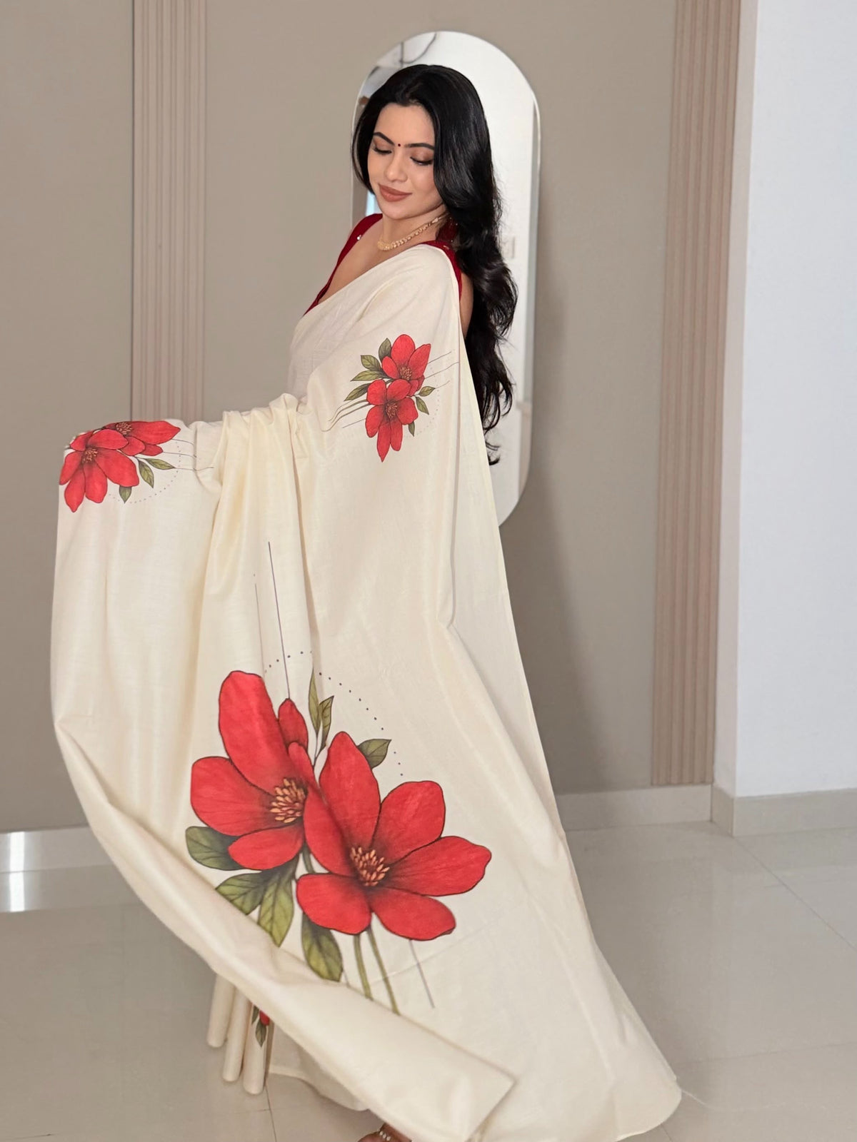 LIORAA LONDON - Red Blossom | Premium Pure Cotton Digital Print Saree in Off-White & Red | Onam Special