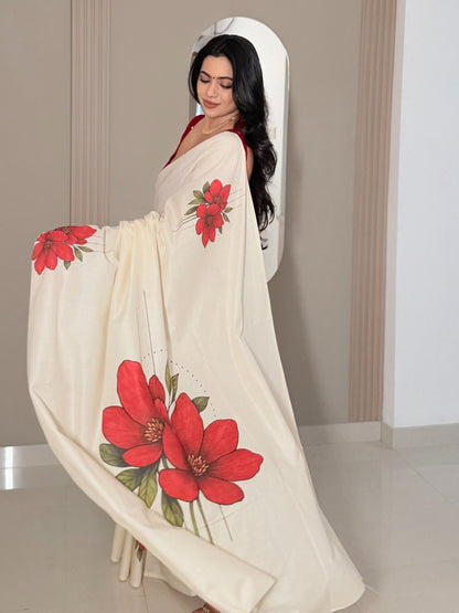 LIORAA LONDON - Red Blossom | Premium Pure Cotton Digital Print Saree in Off-White & Red | Onam Special