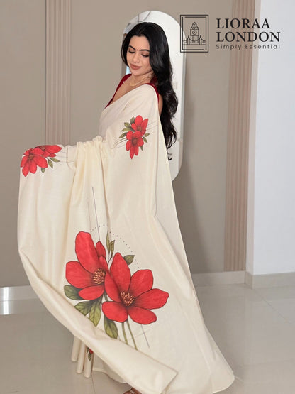 LIORAA LONDON - Red Blossom | Premium Pure Cotton Digital Print Saree in Off-White & Red | Onam Special