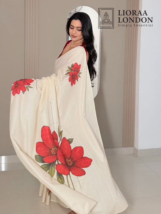 LIORAA LONDON - Red Blossom | Premium Pure Cotton Digital Print Saree in Off-White & Red | Onam Special