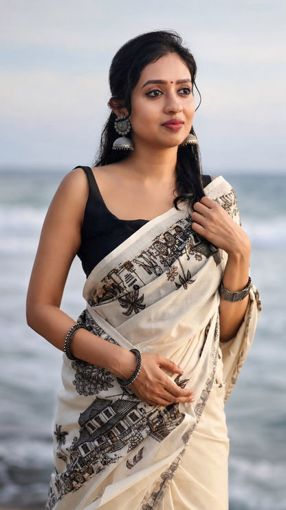Gramam Theam - Pure Cotton Digital Printed Saree | Village Story Collection