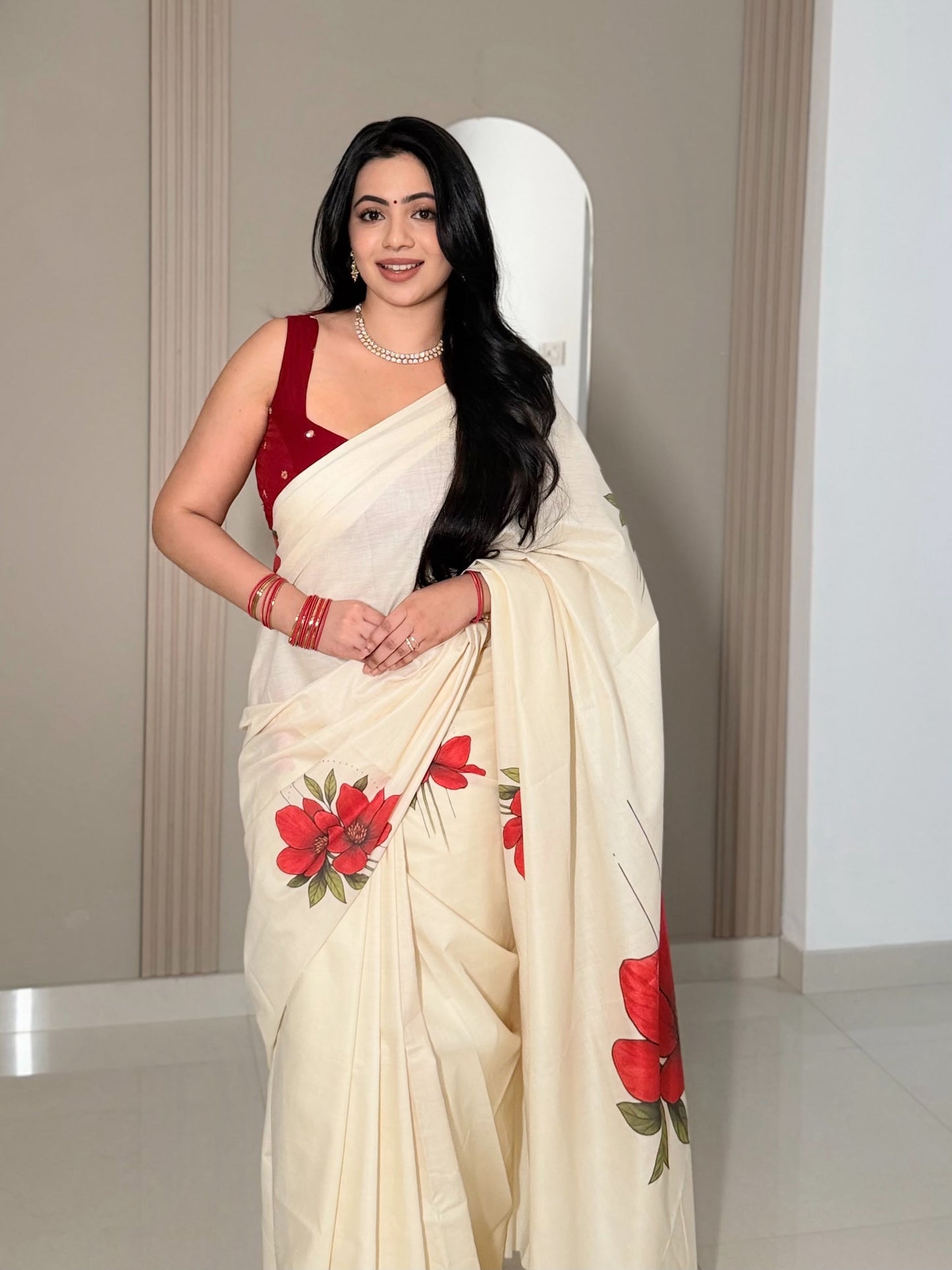 LIORAA LONDON - Red Blossom | Premium Pure Cotton Digital Print Saree in Off-White & Red | Onam Special