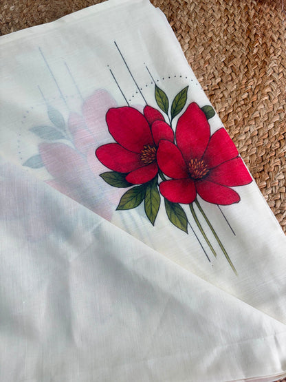 LIORAA LONDON - Red Blossom | Premium Pure Cotton Digital Print Saree in Off-White & Red | Onam Special