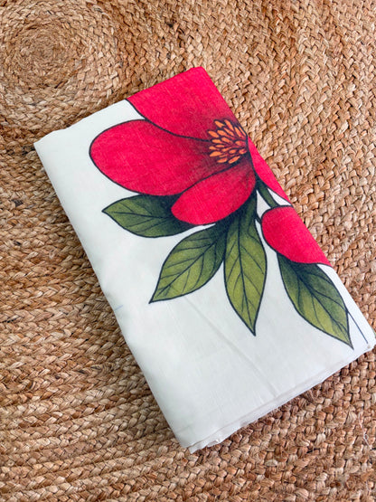 LIORAA LONDON - Red Blossom | Premium Pure Cotton Digital Print Saree in Off-White & Red | Onam Special