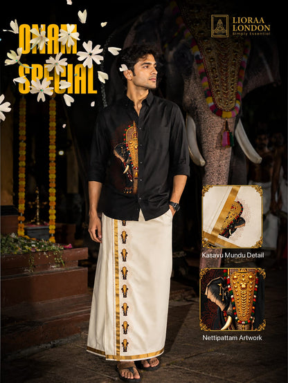 Onam Special Elephant Print Combo Set - Double Dhoti + Shirt for Men | 4M Off-White Mundu with 1.5-Inch Golden Kasavu Border