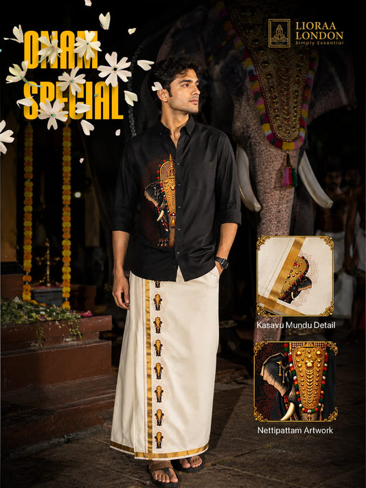 Onam Special Elephant Print Combo Set - Double Dhoti + Shirt for Men | 4M Off-White Mundu with 2-Inch Golden Kasavu Border