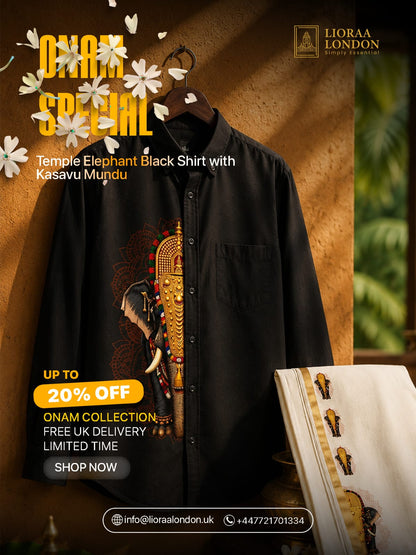 Onam Special Elephant Print Combo Set - Double Dhoti + Shirt for Men | 4M Off-White Mundu with 1.5-Inch Golden Kasavu Border
