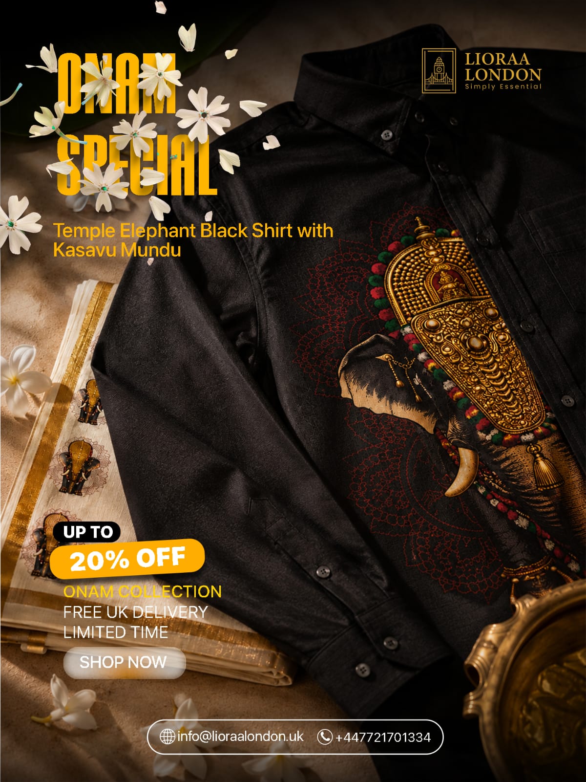 Onam Special Elephant Print Combo Set - Double Dhoti + Shirt for Men | 4M Off-White Mundu with 1.5-Inch Golden Kasavu Border