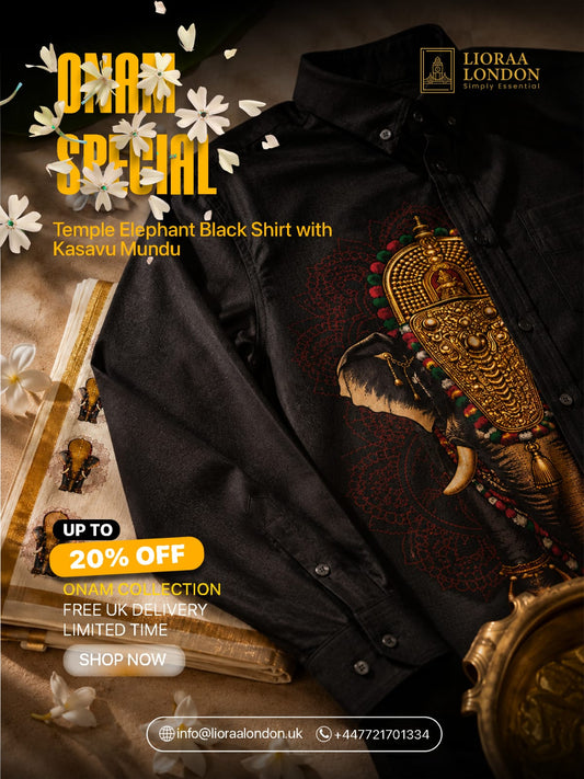 Onam Special Elephant Print Combo Set - Double Dhoti + Shirt for Men | 4M Off-White Mundu with 2-Inch Golden Kasavu Border