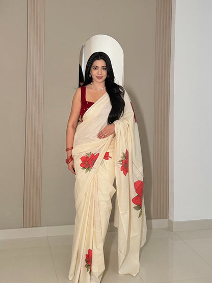 LIORAA LONDON - Red Blossom | Premium Pure Cotton Digital Print Saree in Off-White & Red | Onam Special