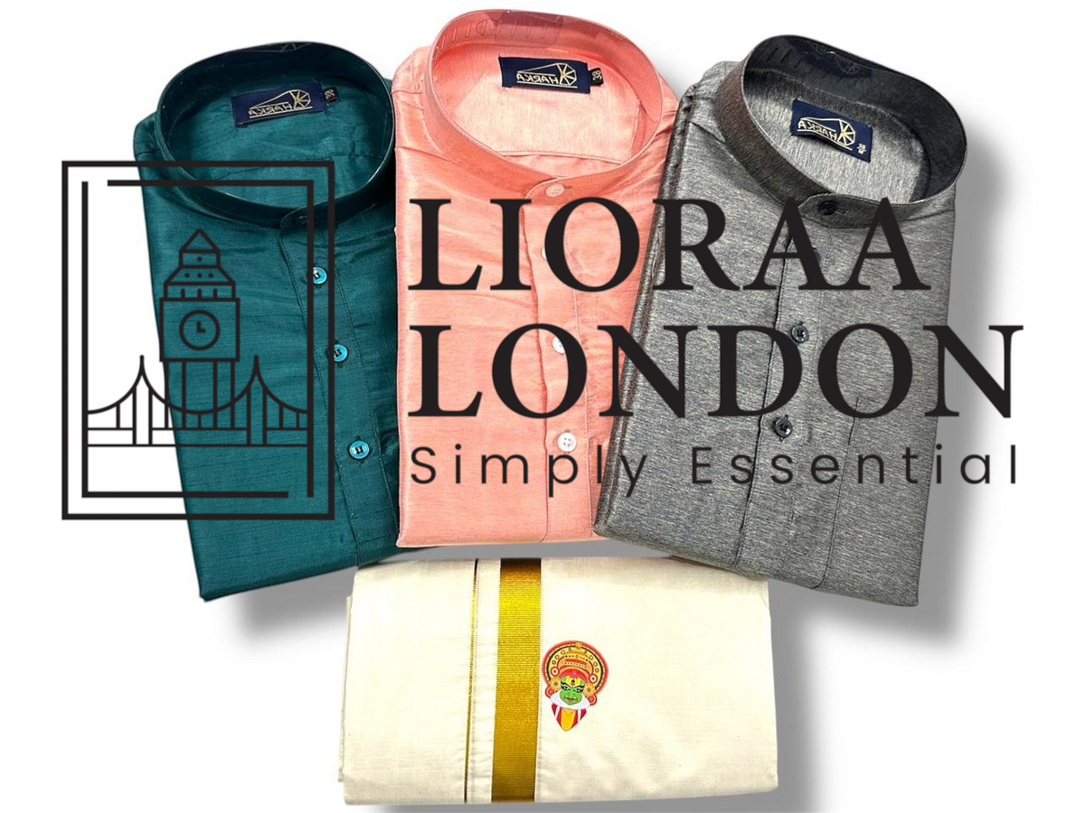 Lioraa London Ltd kurta and dhoti combo featuring three cotton-silk kurtas in teal, rose beige, and grey with a dhoti.