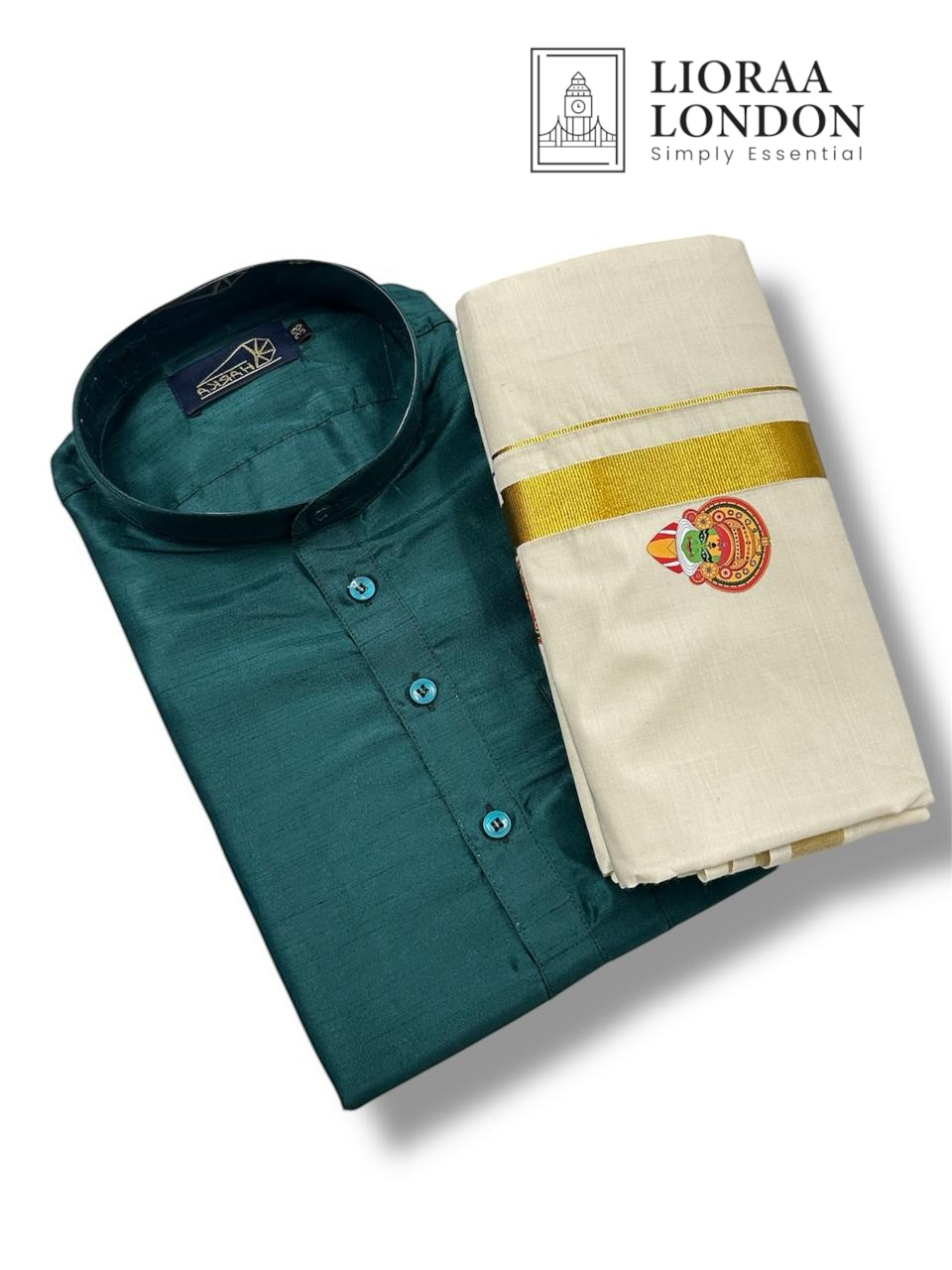 Lioraa London Ltd green cotton-silk kurta paired with an off-white Kasavu dhoti featuring a golden border for Onam.