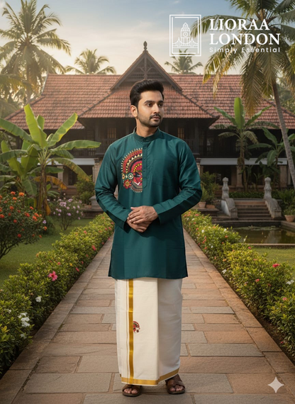 Man wearing a Lioraa London Ltd green cotton-silk kurta with Kathakali print and off-white Kasavu dhoti in a garden.