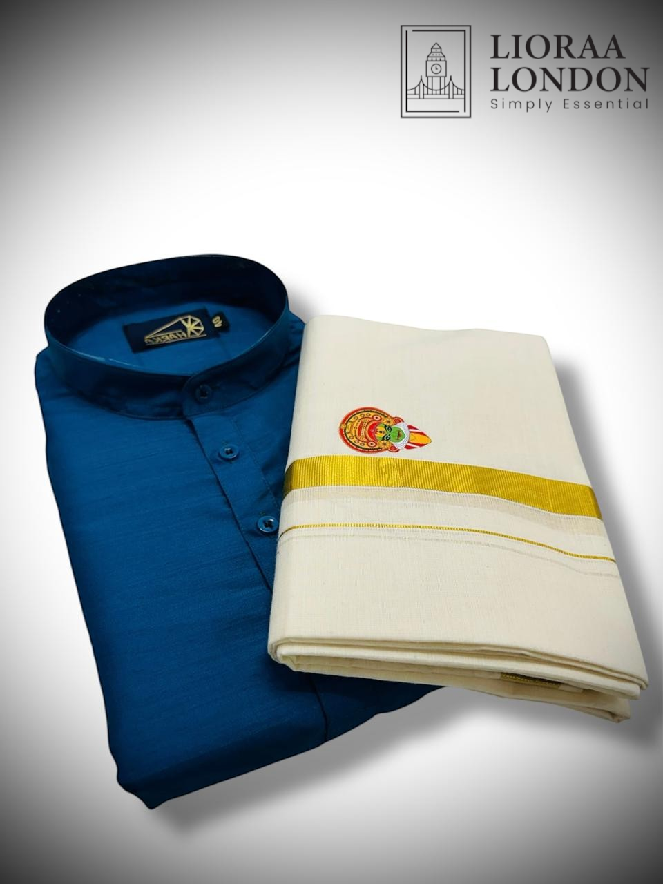 Lioraa London Ltd blue cotton-silk kurta paired with an off-white Kasavu dhoti featuring a golden border and print.