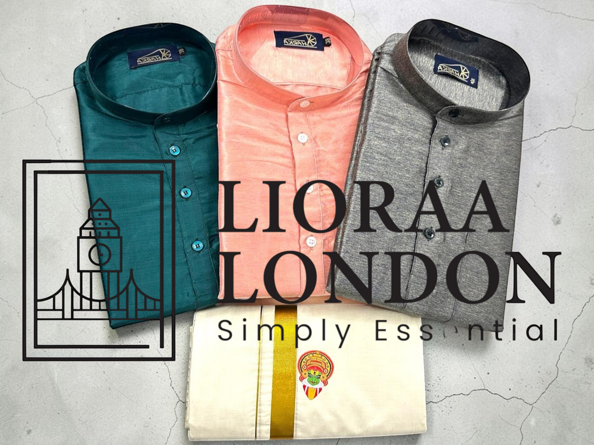 Lioraa London Ltd kurta and dhoti set featuring three cotton-silk kurtas in grey, peach, and teal with a white dhoti.