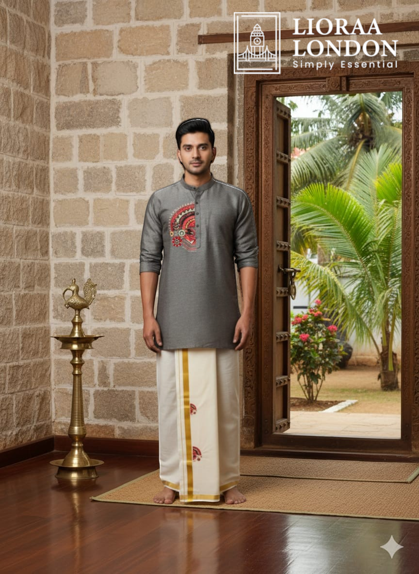 A man wearing a Lioraa London Ltd grey cotton-silk kurta with Kathakali print and an off-white Kasavu dhoti.