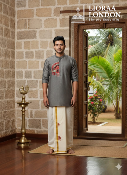 A man wearing a Lioraa London Ltd grey cotton-silk kurta with Kathakali print and an off-white Kasavu dhoti.
