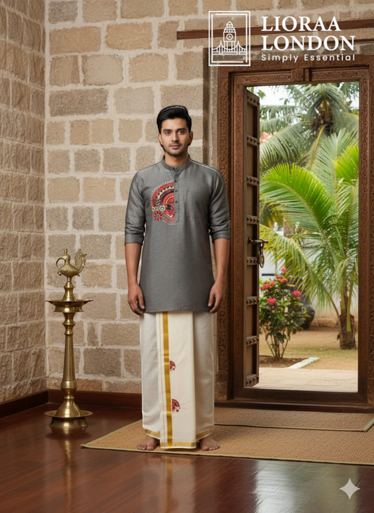 A man wearing a Lioraa London Ltd grey cotton-silk kurta with Kathakali print and an off-white Kasavu dhoti.
