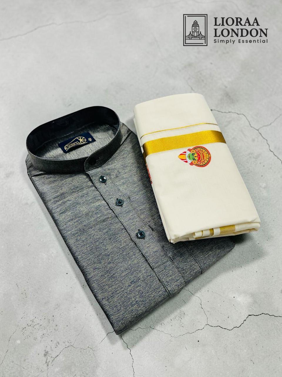 Lioraa London Ltd grey cotton-silk kurta with traditional Kerala art prints paired with an off-white Kasavu dhoti.