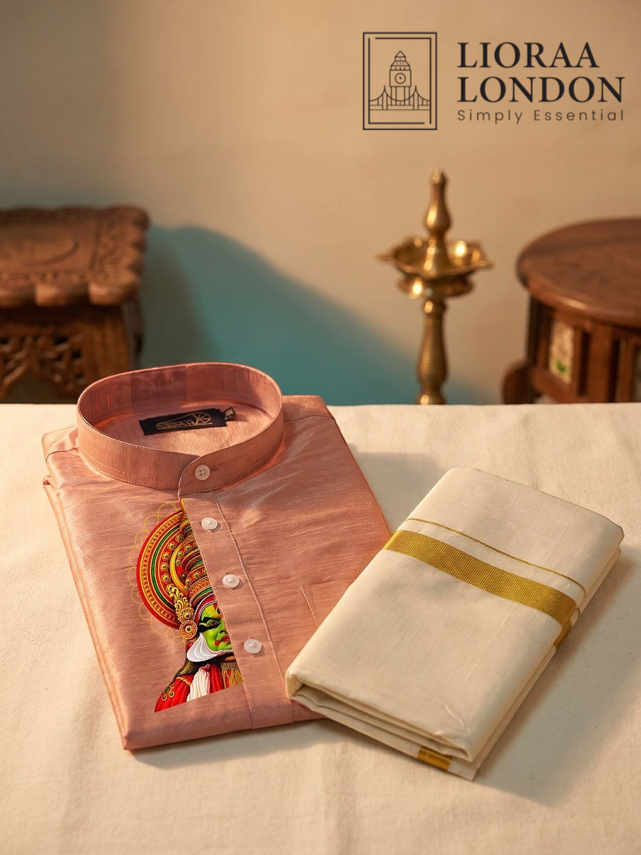 Printed Rose Beige Kurta + Kasavu Dhoti Combo for Men - Kathakali / Theyyam / Pulikali | Onam Collection | Lioraa London