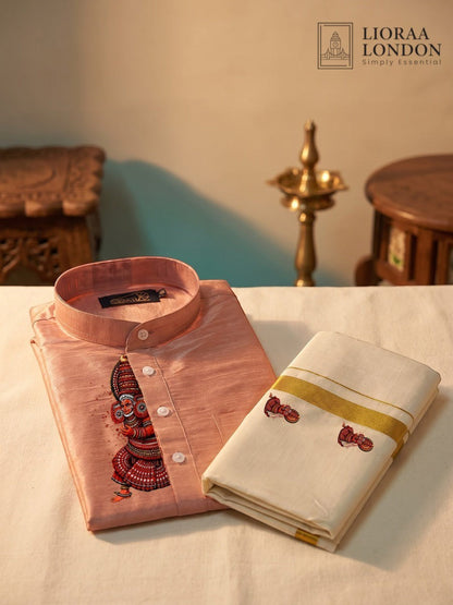 Printed Rose Beige Kurta + Kasavu Dhoti Combo for Men - Kathakali / Theyyam / Pulikali | Onam Collection | Lioraa London