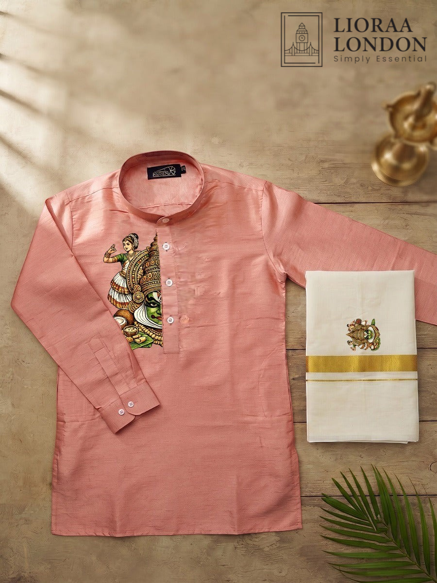 Printed Rose Beige Kurta + Kasavu Dhoti Combo for Men - Kathakali / Theyyam / Pulikali | Onam Collection | Lioraa London
