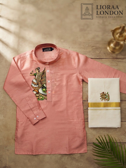 Printed Rose Beige Kurta + Kasavu Dhoti Combo for Men - Kathakali / Theyyam / Pulikali | Onam Collection | Lioraa London