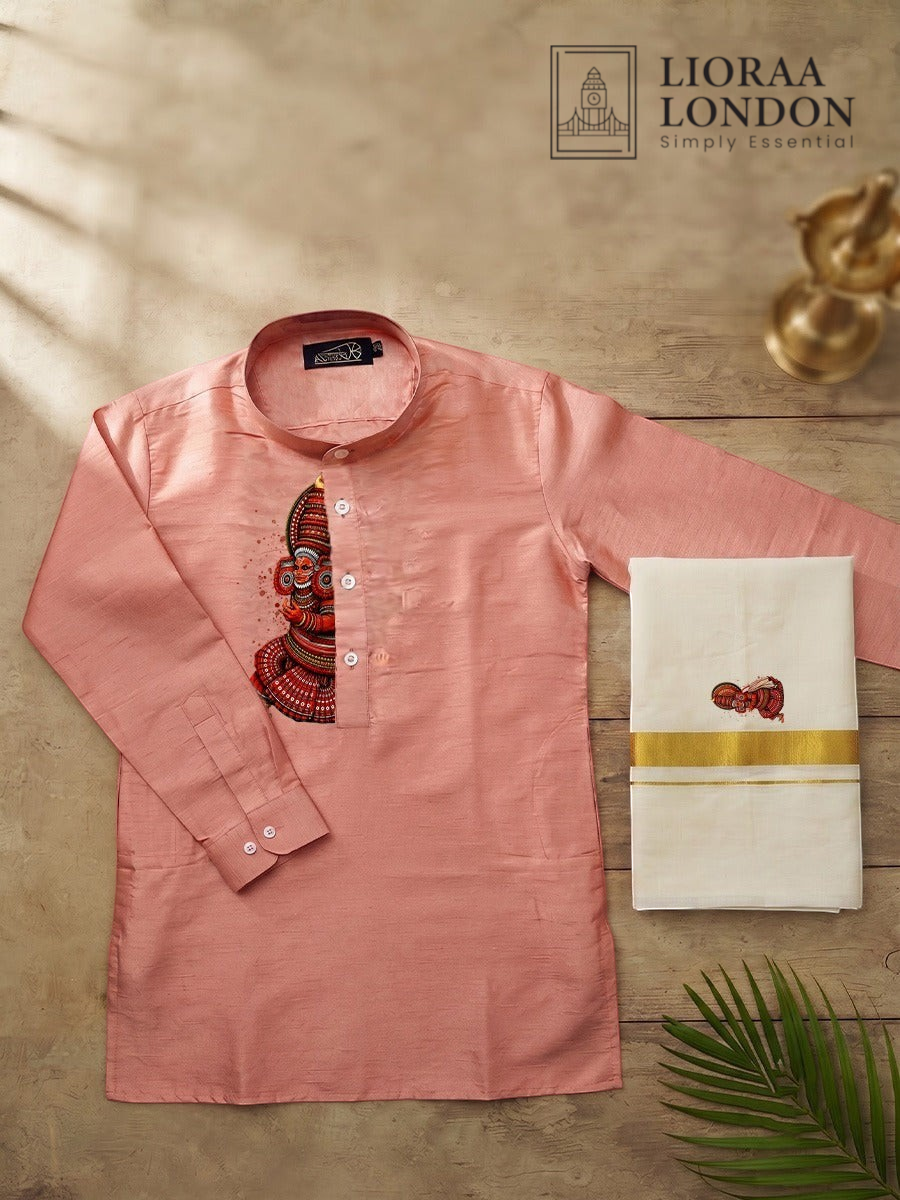 Printed Rose Beige Kurta + Kasavu Dhoti Combo for Men - Kathakali / Theyyam / Pulikali | Onam Collection | Lioraa London