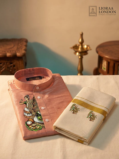 Printed Rose Beige Kurta + Kasavu Dhoti Combo for Men - Kathakali / Theyyam / Pulikali | Onam Collection | Lioraa London