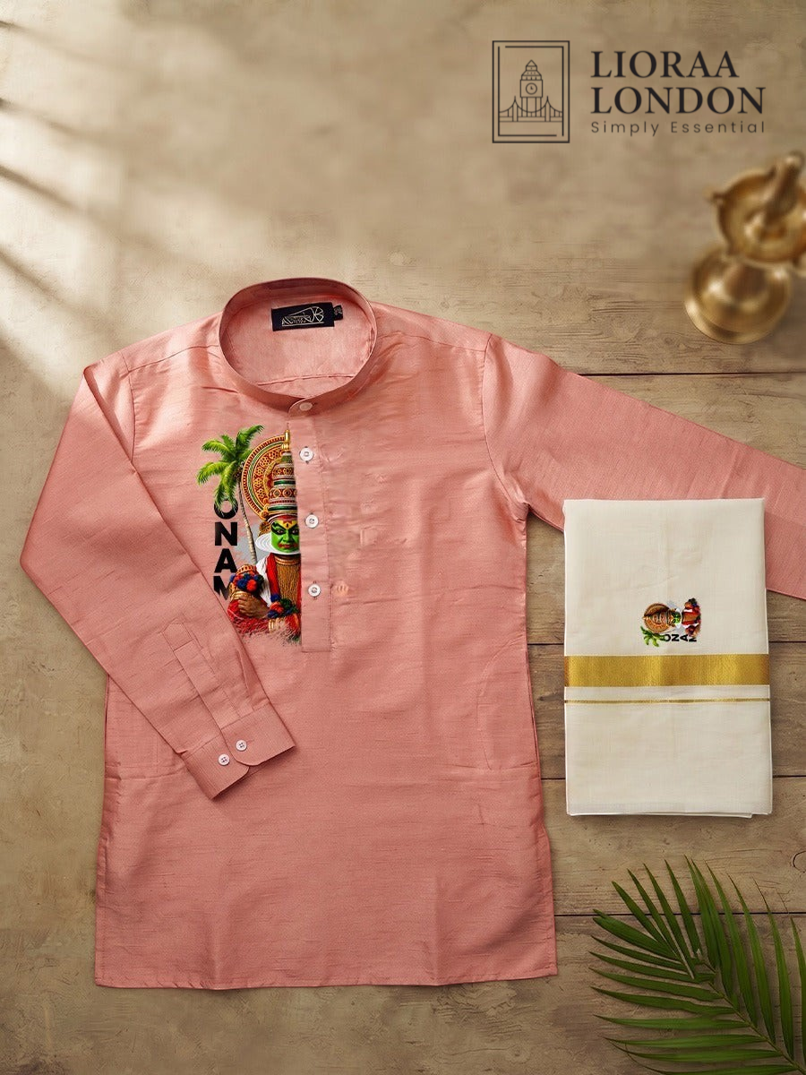 Printed Rose Beige Kurta + Kasavu Dhoti Combo for Men - Kathakali / Theyyam / Pulikali | Onam Collection | Lioraa London