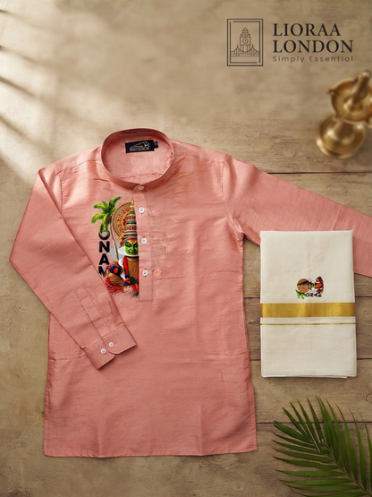 Printed Rose Beige Kurta + Kasavu Dhoti Combo for Men - Kathakali / Theyyam / Pulikali | Onam Collection | Lioraa London