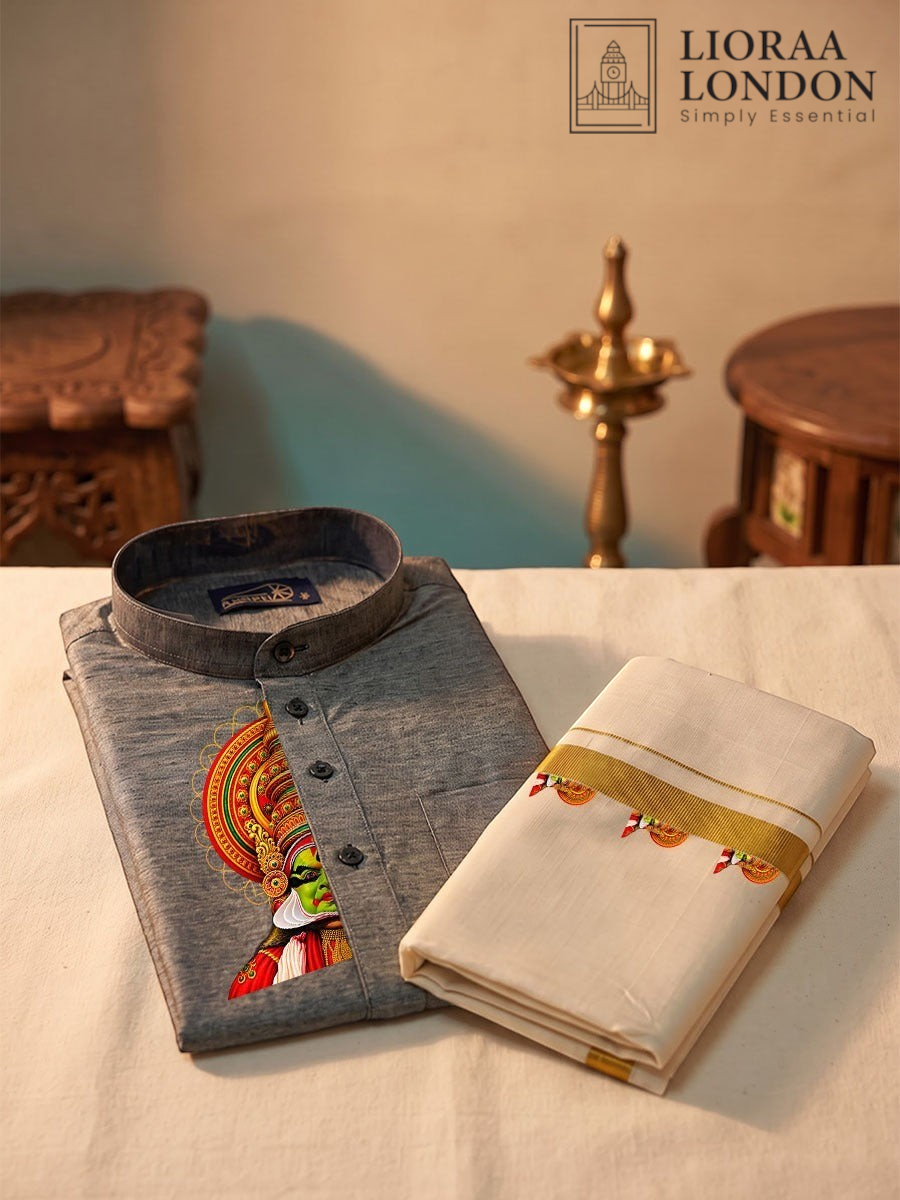 Lioraa London Ltd grey cotton-silk kurta with Kathakali print and off-white Kasavu dhoti for Onam celebrations