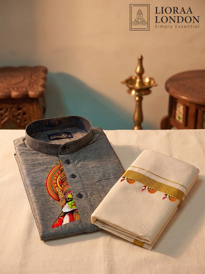 Lioraa London Ltd grey cotton-silk kurta with Kathakali print and off-white Kasavu dhoti for Onam celebrations