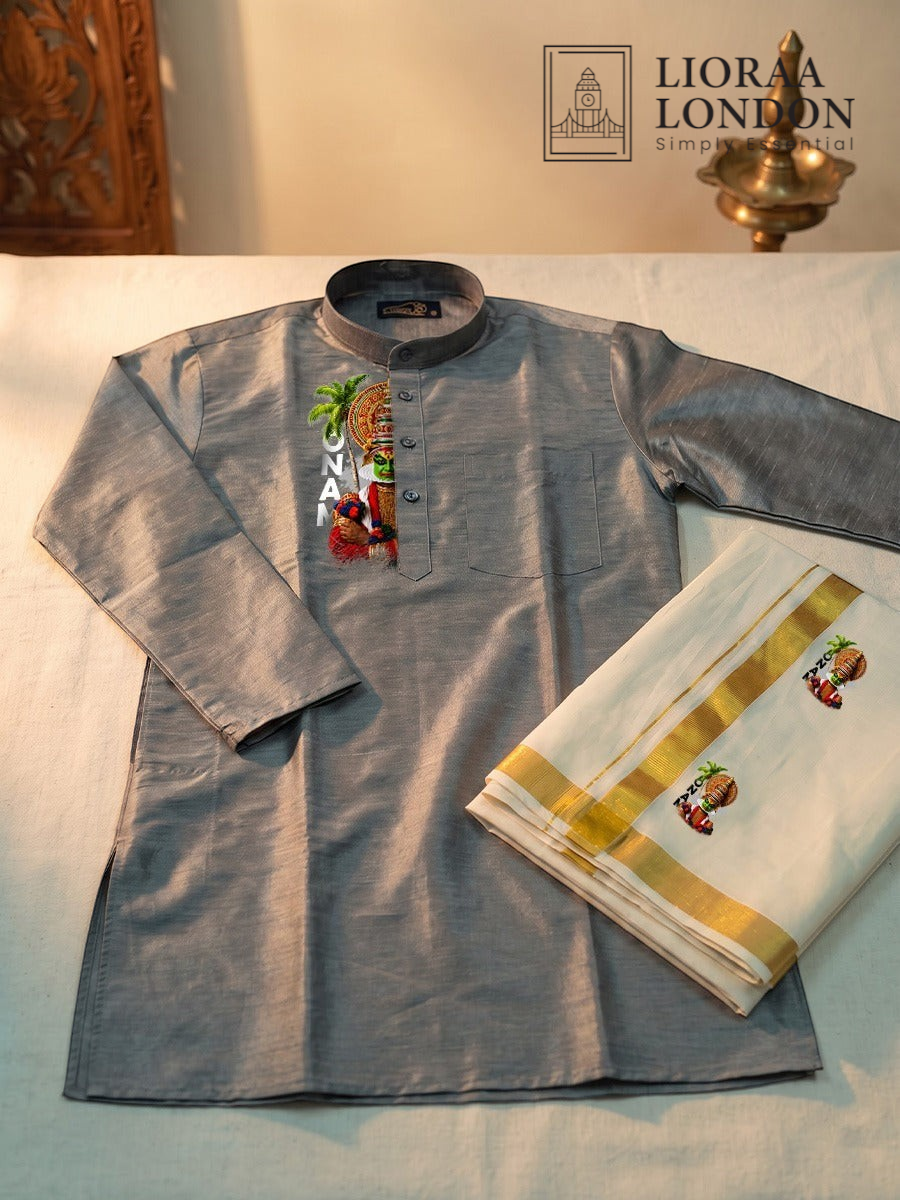 Lioraa London Ltd grey cotton-silk kurta with Kathakali print paired with an off-white Kasavu dhoti for Onam.