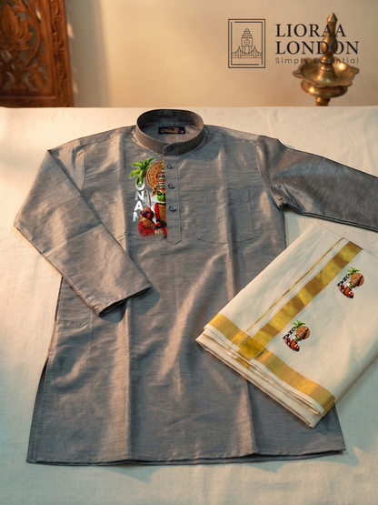 Lioraa London Ltd grey cotton-silk kurta with Kathakali print paired with an off-white Kasavu dhoti for Onam.