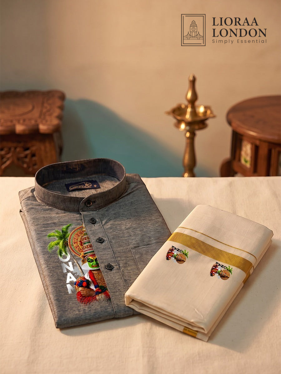 Lioraa London Ltd grey cotton-silk kurta with Kathakali print paired with an off-white Kasavu dhoti for Onam.