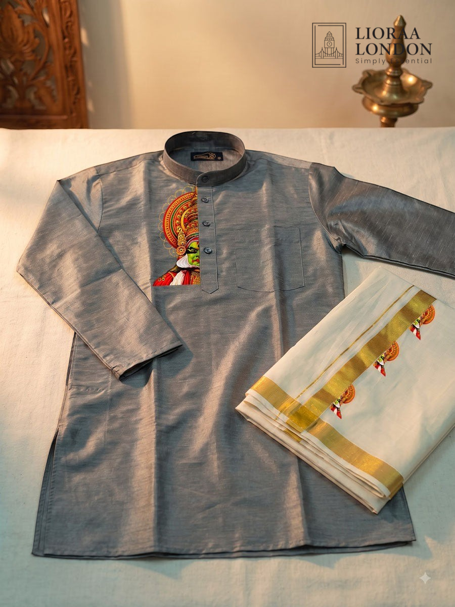 Lioraa London Ltd grey cotton-silk kurta with Kathakali print paired with an off-white Kasavu dhoti for Onam.