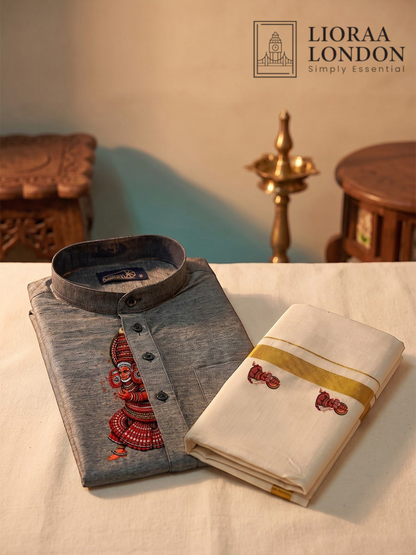 Lioraa London Ltd grey cotton-silk kurta with Kathakali print paired with an off-white Kasavu dhoti for Onam